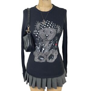 Grunge Emo 2000s Y2K Thermal Long Sleeve Top Crystal Punk Bear Design Sz XS Goth
